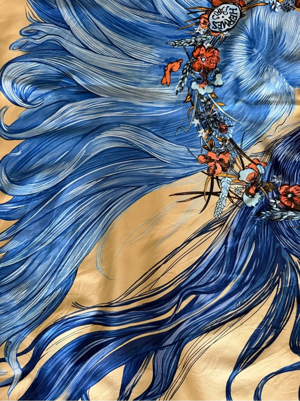 Hermès Eva Blue Floral Goddess Silk Scarf.